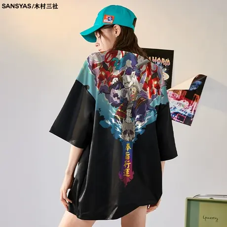 木村三社x猫大人奉旨行运印花夏季新款短袖男ins潮牌t恤宽松上衣商品大图