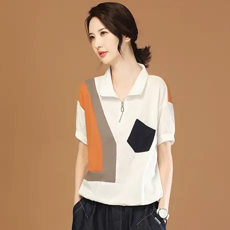 韩潮袭人立领拼接撞色短袖衬衣女2023夏新款气质套头衬衫设计感薄商品大图