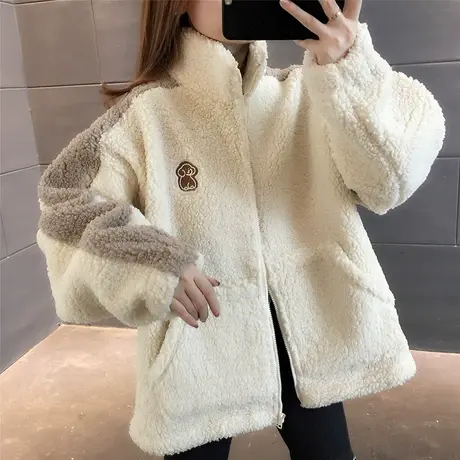 女士短款外套新款2023爆款时尚洋气韩版羊羔毛外套冬季加厚女开衫图片