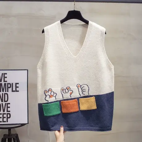 拼色v领口袋针织马甲背心女2023秋装新款宽松马夹外穿毛衣坎肩潮图片