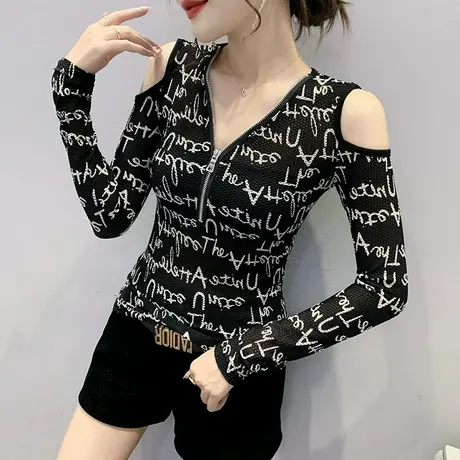 性感露肩拉链V领T恤女长袖欧货洋气网纱打底衫内搭印花紧身上衣潮商品大图