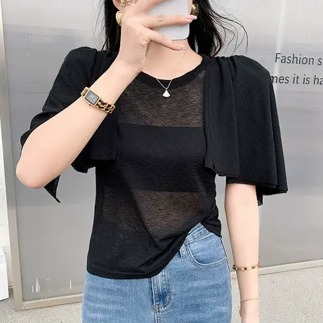 性感微透网纱T恤女五分袖夏装气质泡泡袖上衣休闲遮肚百搭小衫ins商品大图