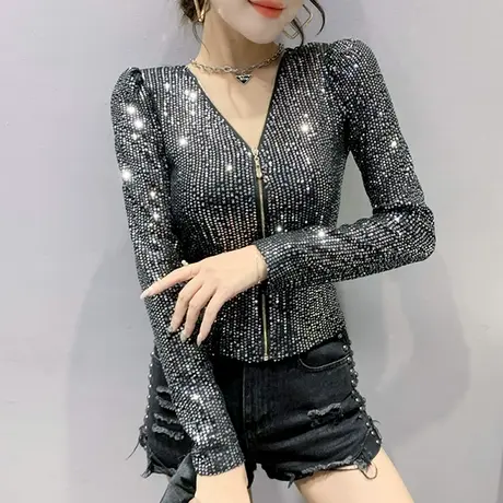 2023秋装新款气质高腰短外套女夜店风闪亮片上衣长袖别致拉链开衫图片