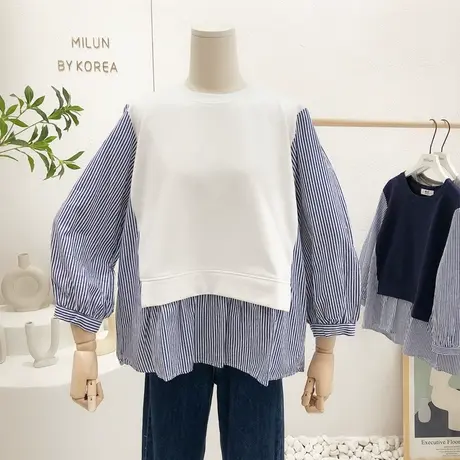 2022春款上衣韩国东大门娃娃衫小众设计感洋气卫衣拼接衬衣大码女图片