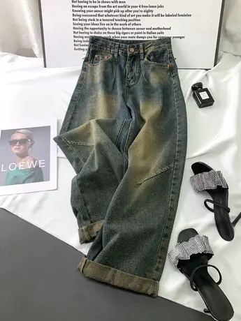 水洗磨白复古牛仔阔腿裤女2023秋季新款显瘦百搭高腰裤宽松哈伦裤图片