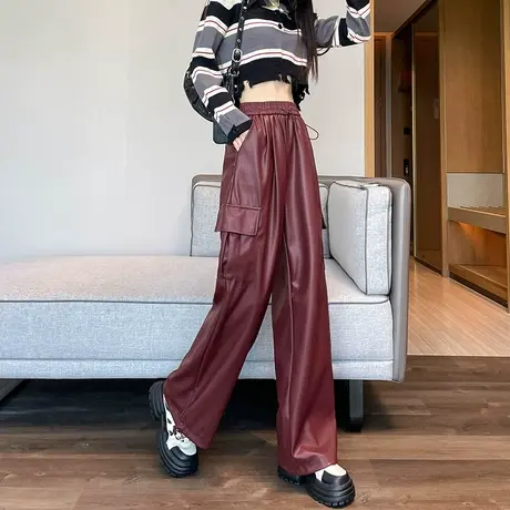 美式皮裤女2023秋季新款宽松显瘦直筒工装裤高腰百搭抽绳直筒裤子商品大图
