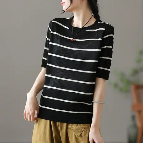 dza复古薄款冰丝针织条纹短袖t恤女夏季新款漂亮体恤宽松打底上衣商品大图