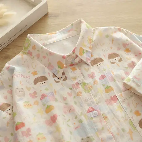 港味复古休闲印花短袖衬衫少女夏季新款学生设计感宽松小个子衬衣商品大图