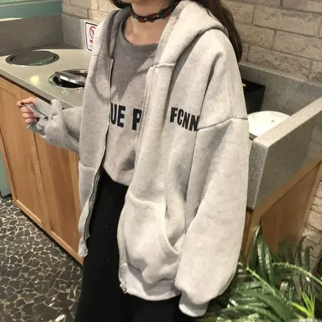 加绒连帽卫衣女秋冬慵懒风学生宽松外套韩版超火cec薄款帽衫上衣商品大图