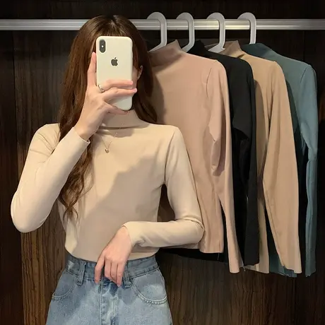 半高领德绒打底衫女秋冬内搭纯色长袖t恤加绒百搭修身紧身上衣潮图片