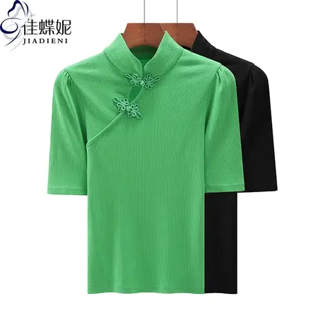 春季新款韩版旗袍领修身纯棉纯色泡泡袖中袖体恤上衣内搭女打底衫商品大图