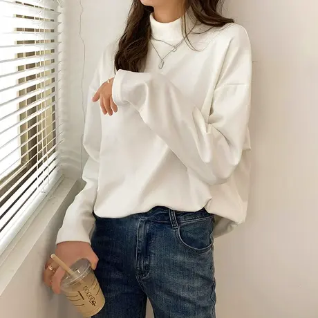 白色内搭半高领打底衫秋冬洋气德绒大码长袖小众别致设计感上衣服图片