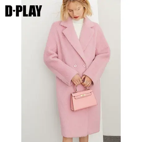 DPLAY秋装新复古通勤花簇粉色大翻驳领中长款羊毛呢大衣图片