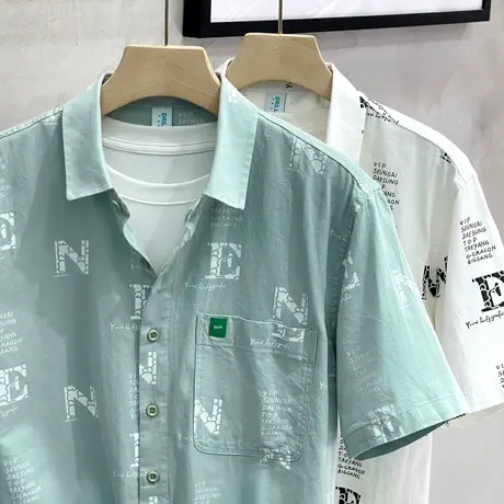 纯棉牛仔衬衣男夏季薄款日系复古宽松潮流工装印花衬衫男短袖潮牌商品大图