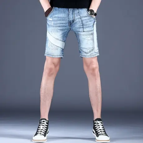 男士拼接三分裤子夏天牛仔短裤男款破洞中裤休闲五分秋款潮流2023图片