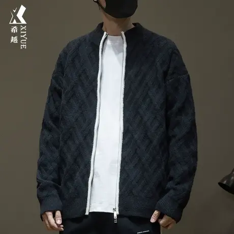 820g重磅毛衣外套男菱格提花宽松大码秋冬轻熟风开衫男款针织衫潮商品大图