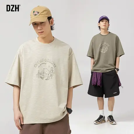 男士美式复古t恤男短袖纯棉2023新款夏季男装印花上衣宽松五分袖商品大图