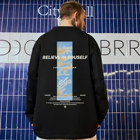 潮牌美式内搭长袖t恤男 2023春秋宽松纯棉圆领打底衫ins大码男装商品大图