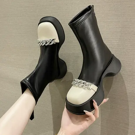 复古英伦风休闲马丁靴女2023夏季新款百搭厚底短靴时尚粗跟瘦瘦靴图片