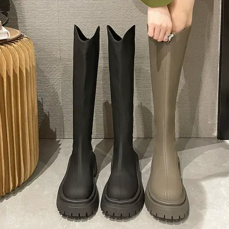 厚底不过膝长靴女秋冬季2023新款长筒马丁靴春秋高筒瘦瘦骑士靴子商品大图