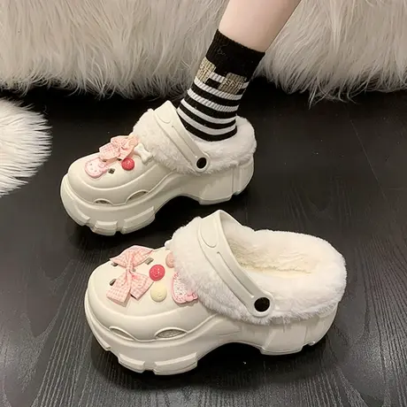 厚底增高毛毛拖鞋女冬天外穿2023新款可爱卡通加绒保暖包头棉拖鞋商品大图