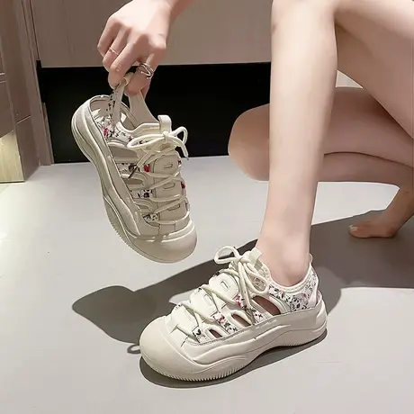 2023新款夏季包头凉鞋女镂空透气鞋子运动休闲洞洞罗马厚底沙滩鞋图片