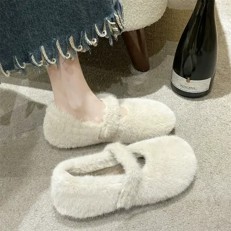 豆豆奶奶鞋女2023年新款气质毛绒绒浅口毛毛鞋冬季平底轻便孕妇鞋图片
