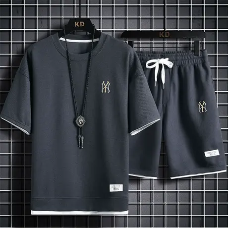 假两件短袖t恤男士夏季刺绣华夫格衣服一套搭配休闲运动男装套装商品大图