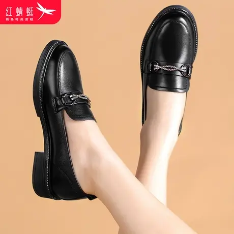 红蜻蜓女鞋春秋复古英伦风小皮鞋女士套脚通勤百搭休闲粗跟单鞋女商品大图