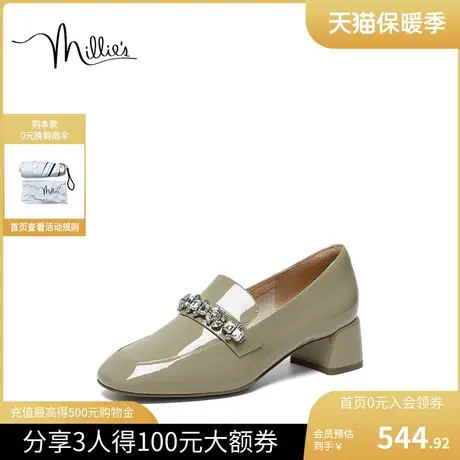 millies妙丽2023春季漆皮简约粗跟乐福鞋女SIR12AA3商品大图
