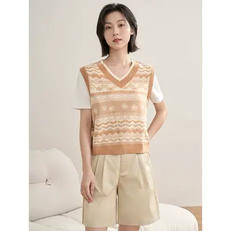 【商场同款】茵曼2023春季女装新款复古文艺V领假两件短袖针织衫图片