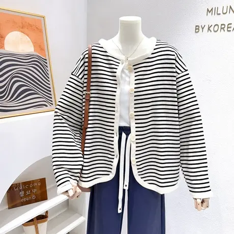 2023秋季新款开衫外套韩国东大门微胖显瘦条纹针织外套小香风慵懒图片