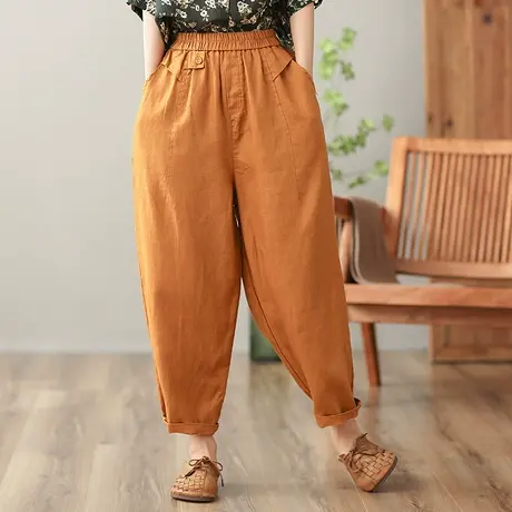 dza 高腰显瘦亚麻休闲裤女2023夏新款九分阔腿裤百搭哈伦裤棉麻裤商品大图