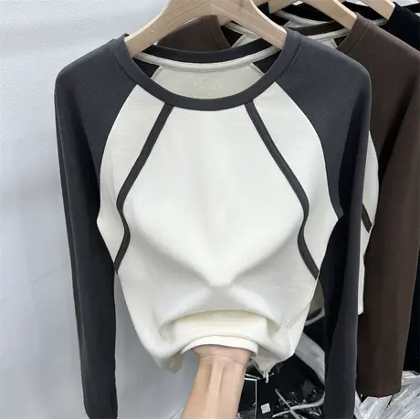 圆领撞色拼接长袖弹力经典T恤女2023年早秋新款上衣百搭休闲体恤图片