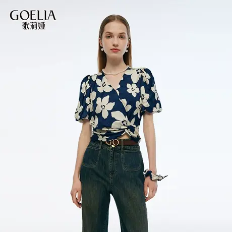 歌莉娅夏季新品人丝人棉印花纽结上衣（配送发圈）1E6R3B240图片