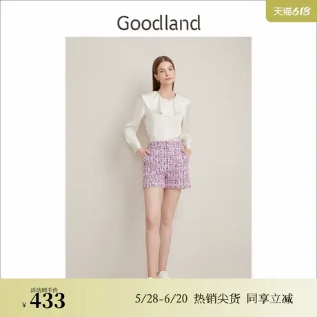 Goodland美地春季法式优雅南法假日感短裤樱花粉休闲裤图片