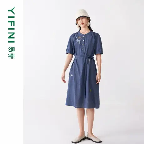 [专柜同款]Yifini/易菲文艺刺绣宽松H型短袖连衣裙女春秋新款图片
