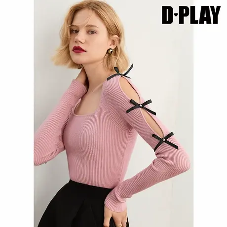 DPLAY秋新复古法式方领镂空蝴蝶结长袖针织衫少女粉打底衫图片