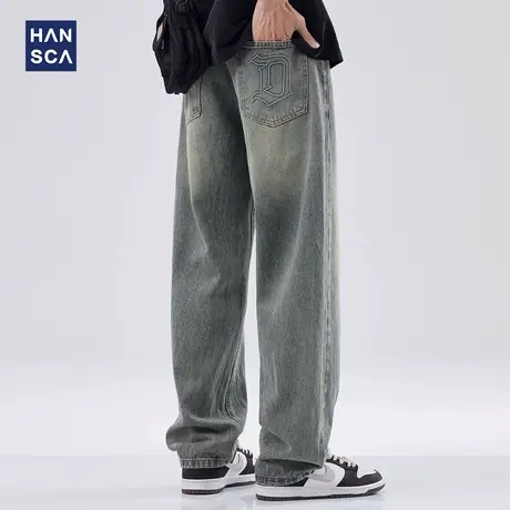 hansca复古牛仔裤男薄款夏季潮牌美式做旧纯棉宽松直筒阔腿长裤子商品大图
