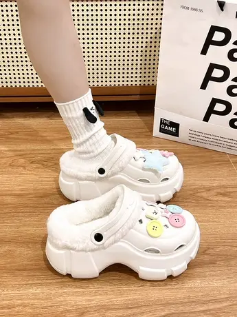 可爱少女心毛毛洞洞鞋女外穿2023秋冬新款厚底踩屎感加绒包头棉拖图片