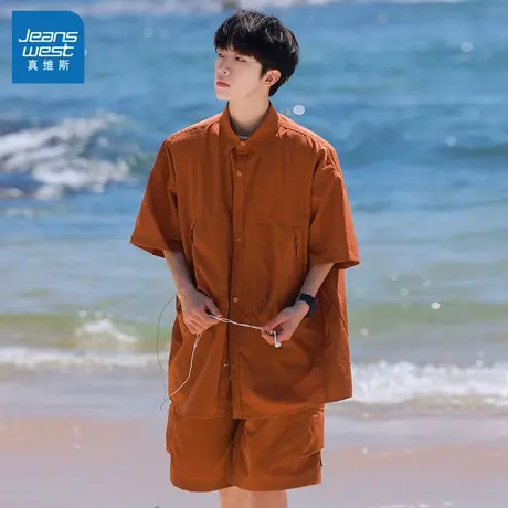 N5真维斯男士短袖套装2025夏季新款工装衬衫设计款休闲运动两件套商品大图