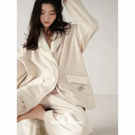 贝妍睡衣冬季女款加厚双层复合珊瑚绒时尚开衫纯色保暖家居服套装商品大图