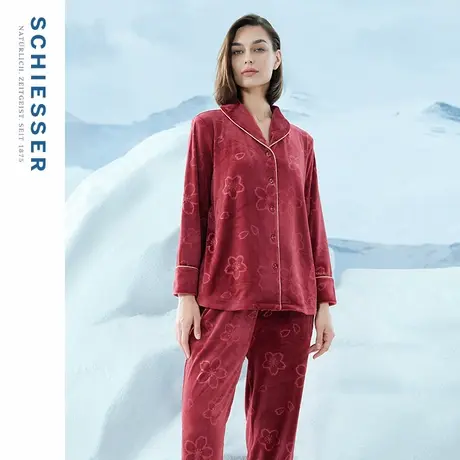 SCHIESSER舒雅女士超柔绒亲肤红品轻盈加厚翻领睡衣家居服套装商品大图