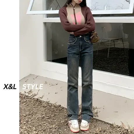 毛边高腰窄版阔腿牛仔裤女春秋季2023年新款美式显瘦直筒烟管裤子图片