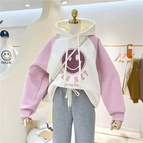 拼接撞色复古加绒加厚卡通笑脸印花插肩袖保暖连帽卫衣女外套内搭商品大图