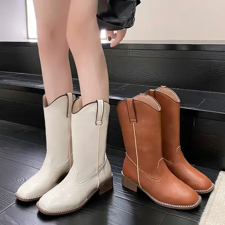 粗跟美式复古米色V口长靴女靴子2023新款春秋冬季中筒骑士长筒靴商品大图