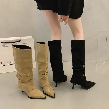 尖头西部牛仔靴女2025新款秋季细跟不过膝长靴显瘦百搭两穿骑士靴商品大图