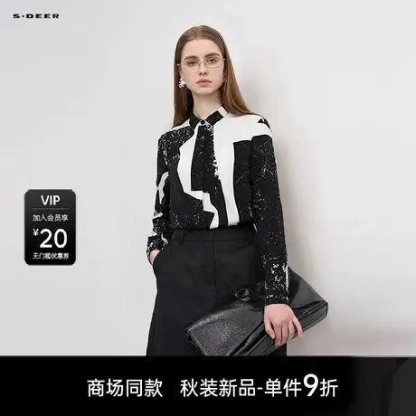 【商场同款】sdeer圣迪奥时尚立领撞色印花宽松长袖衬衫S25380502商品大图