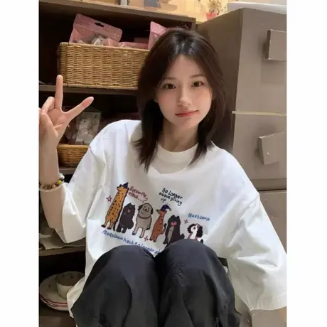 重磅纯棉潮牌美式落肩短袖t恤女夏季宽松韩版慵懒风白色半袖上衣商品大图