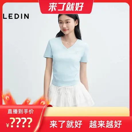 【来了就好】乐町 星星V领短袖显瘦抽褶上衣银色印花清新蓝色T恤商品大图